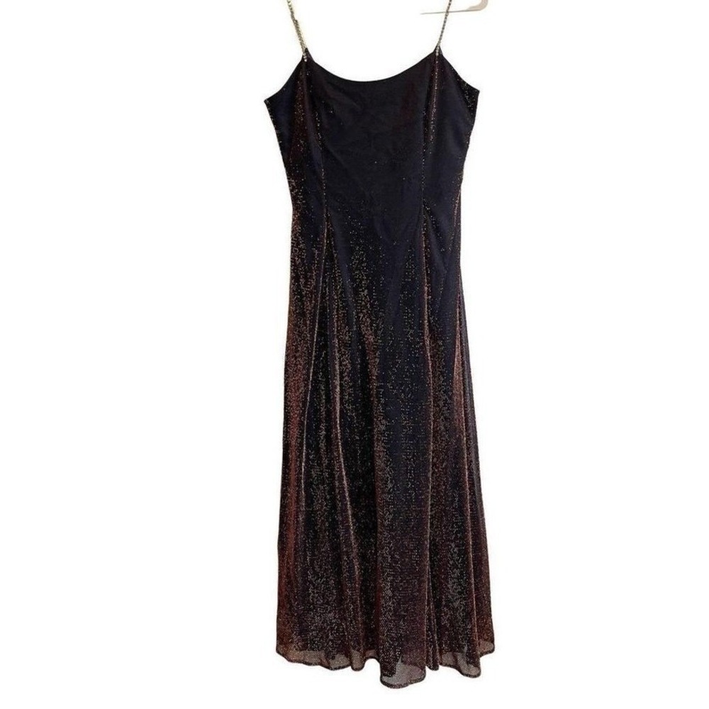 Scott McClintock Maxi Dress Bronze Glitter A-Line Y2K Rhinestone Chain Gown